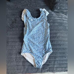 Girls' Blue Floral Ruffle Shoulder One-Piece Bodysuit